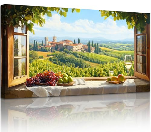 crmotu Vineyard Faux Window Wall Art, Italian Countryside Landscape Large Artwork, Grape Fields Prints Kitchen Wall Decor, Rustic Charm Pictures for Living Room Dining Room No-window Room 20x40 Inch