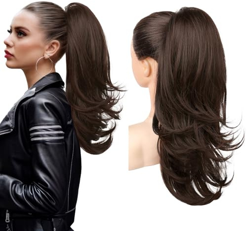 Flufymooz Ponytail Extension, 50 cm Pferdeschwanz Haarverlängerung mit Kordelzug für Frauen weiches, natürlich aussehendes synthetisches Pferdeschwanz Haarteil-Dunkelschokoladenbraun