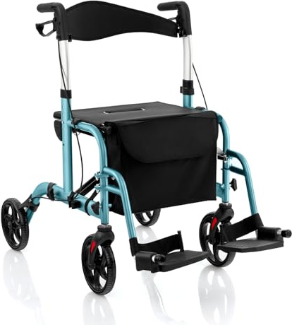 HOMASIS 2 in 1 Rollstuhl Rollator faltbar & leicht mit Sitz, Gehhilfe 6-fach höhenverstellbar, Alu Gehwagen mit Fußstützen, bis 136 kg, Reiserollator Laufhilfe mit Stockhalter & Tasche (Blau)