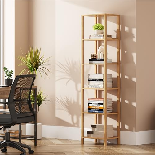TUTOTAK Bookshelf, 6-Tier Tall Narrow Book Shelf for Small Space | 10.7 x 14.5 x 65.3 Inches Skinny Display Shelf with Storage for Living Room, Office, Study, Entryway, Natural BS01BN006