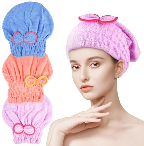 Vylro 3 Pezzi Asciugamano per Capelli con Fiocco,Blau Rosa Lila Turbante Asciugacapelli con Elastico,Vello di Corallo Turbante Asciugacapelli per Capelli con Fiocco per Donne,Adulti o Bambini