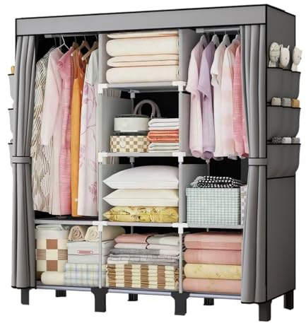 oumylovelsc Portable Wardrobe, Easy Hanging Closet 6 Side Pockets Large Capacity Clothes Organizer Comes with 2 Hanging Poles and Shelves, Width 130cm, Depth 45cm, Height 172cm (Grey)