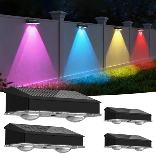 Hqynss Solar Lights Outdoor Garden, 4 Pack RGB Color-Changing Solar Fence Lights, IP65 Waterproof, 9 Lighting Modes, Solar Wall Lights for Outdoor Patio, Yard, Gate, Fence, Garden Decoration