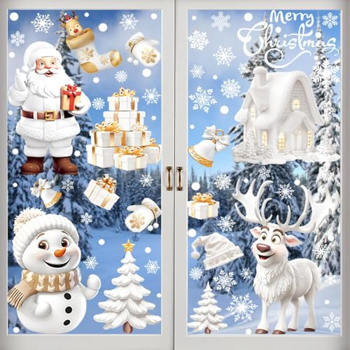 9 Stück Fensterbilder Weihnachten, Weihnachtsfensterbilder, Weißer Selbstklebend Fensterdeko Weihnachtsmann Elch Schneeflocken Schneemann Weihnachtsbaum für Weihnacht Fenster Tür Dekoration