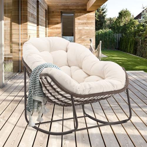 LIFEISLE Schaukelstuhl Schaukelsessel mit Rattan, Loungesessel drinnen & draußen, Ei-Schaukelstuhl für Wohnzimmer Balkon Garten Outdoor und Indoor Olefin-Gewebe Weiß