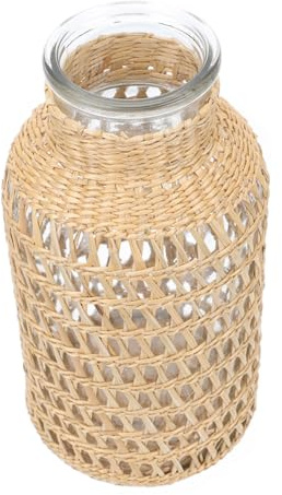 PartyKindom Rattan Weaving Decorative Flower Vase with Glass Insert Natural Home Desktop Decor for Office Balcony Stylish Plant Pot Container