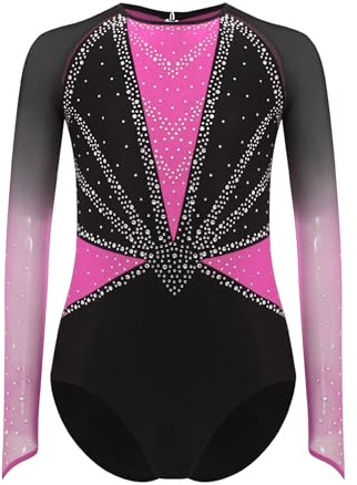 Alvivi Mädchen Turnanzug Glitzer Gymnastikanzug Strass Gymnastik Leotard Langarm Ballettanzug Turntrikot Wettbewerb Tanzkostüm