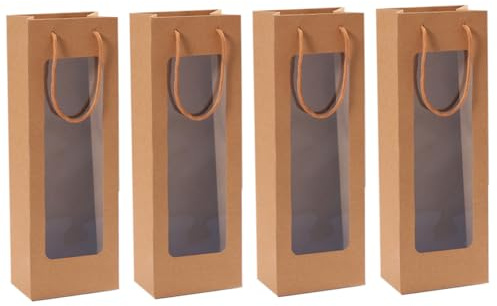 COLLBATH 4 Stück-pack Weintaschen aus Kraftpapier mit Griff und Sichtfenster Stilvolle Flaschen Tragetaschen für Weinflaschen für Party und Bankett