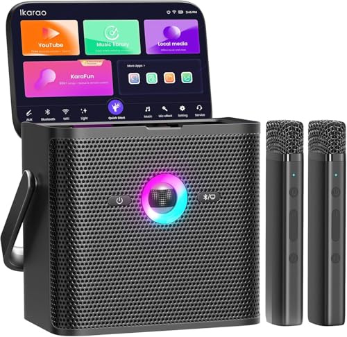 Ikarao Karaoke Machine for Adults Kids, with Lyrics Display Screen, WiFi Connect to Youtube & Karaoke App, 2 EQ Autotune Wireless Microphones Portable Karaokes PA System for Home Family Party Camping