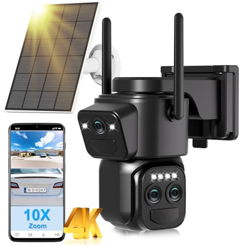 10X Zoom 4K Solar Security Camera Outdoor Wireless, 5GHz/2.4GHz WiFi 360° PTZ Cameras for Home Security with Triple Lens, Auto Tracking, Motion Detection, Siren, Color Night Vision, 2-Way Audio, IP66