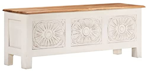 HFXHIJXQ White Solid Acacia Wood TV Cabinet 43.3 Lowboard with Hand-Carved Doors, Lacquered Finish, Ample Storage Chest for Living Room Bedroom Entryway