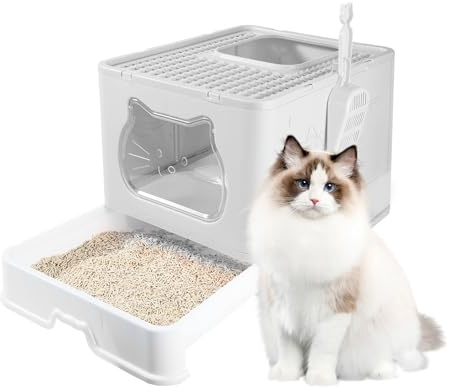 LN Cozy CORNE Large Foldable Cat Litter Box with Slide-Out Tray, Scoop, Hooded Litter Tray with Flap Door, Anti-Splashing Portable Enclosed Cat Toilet for Big Cats, 50 * 40 * 38cm Gray