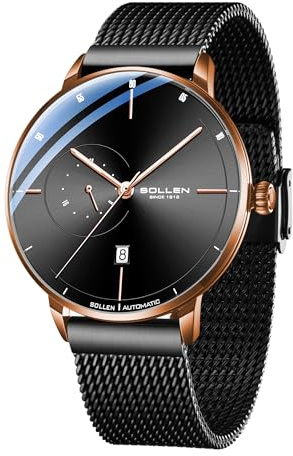SOLLEN Automatikuhren Herren,Herrenuhr Automatikmit 24-Stunden-Zifferblatt | Herrenuhr mit Kalendar,Edelstahl Milanaise Armbanduhr 42mm,3ATM Wasserdicht Leuchtende Mechanische Business Uhr Männer