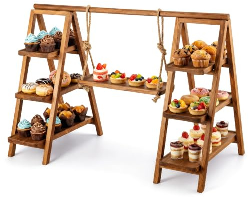 3 Tier Wooden Dessert Stand, Double Layer Table Display Rack for Cupcakes, Cakes, Snacks & Party Food, Rustic Serving Stand for Events & Home