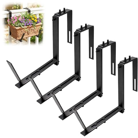 JNUYISW 4 Stück Blumenkastenhalter für Balkon-Brüstungen und Geländer, Verstellbar Blumenkastenhalterung 2 Montagearten Metall Pflanzkastenhalterungen für Wände, Gärten, Zäune, Terrassen