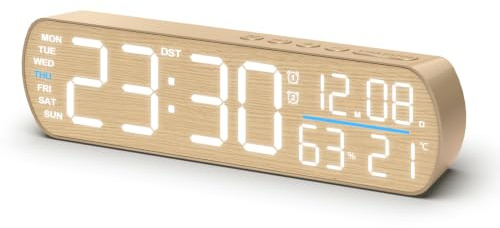 Wecker Digital, Holzoptik Nachttisch Wecker mit Temperatur- und Luftfeuchtigkeitsanzeige, 2 Weckzeiten, DST Einstellung, 3 Helligkeitsstufen, Netzbetrieb, Batterie‑Backup (Batterie Nicht Enthalten)