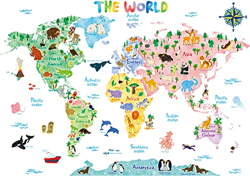 DECOWALL SG2-1615S Weltkarte Tierweltkarte Tiere Wandtattoo Wandsticker Wandaufkleber Wanddeko für Wohnzimmer Schlafzimmer Kinderzimmer (Groß) (Englisch Ver.)