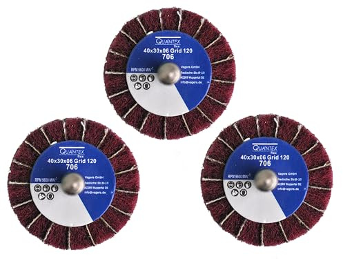 3 Stück Fächerschleifer mit Vlies-Gewebekombination 40mmx30mm, 6mm Einspannschaft, Körnung: 120 - Schleifmopstift, Lamellenschleifer, Schleifmop Schleifvlies, Lamellenrad mit Schaft.