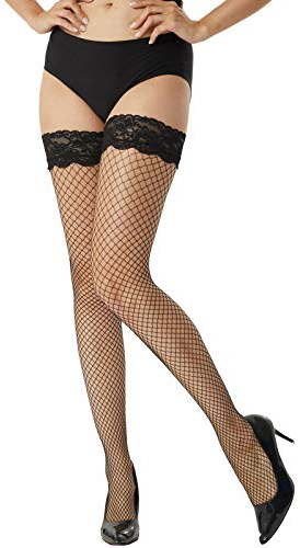 MANZI Fishnet Hold Up Stockings - Women Lace Net Stockings Lingerie Sexy,Black,L