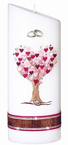 Hochzeitskerzen Lebensbaum mit Namensverzierung und Geschenkkarton, Ellipse abgeschrägt