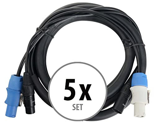 Pronomic Stage PPD-2.5 Cavo Ibrido Powerplug/DMX Set da 5 - Cavo combinato per alimentazione e segnale DMX - Niente più grovigli di cavi nel collegamento agli effetti luce - Lunghezza: 2,5 m - Nero