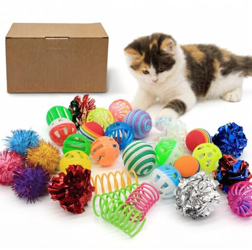 LASOCUHOO Cat Toys Kitten Assortment - Rainbow, Crinkle, Sparkle, Bell & Sisal Balls for All Cats - 30 Packs