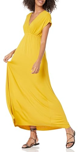 Amazon Essentials Women's Fit and Flare Waisted Jersey Maxi Dress (Available in Plus Size), Dark Yellow, M