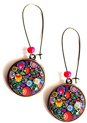Boucles d'oreilles cabochon, Folklore slave, fleuri, multicouleur, bronze (20 mm)