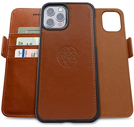 Dreem Vegan Leder Handyhülle für iPhone 13 Pro Max, Magnetisch & Abnehmbar | Integrierter Handyhalter, RFID-blockierende Kartenhülle, Klapphülle, MagSafe-kompatibel, Geschenkbox [Fibonacci: Karamell]