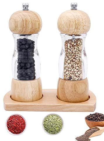 Sindax Salz und Pfeffer Mühle Holz 2er Set mit Tablet 6 Zoll Multifunktion Küchenhelfer Chilimühle Gewürzmühle mit Keramikmahlwerk (Natur Farbe)
