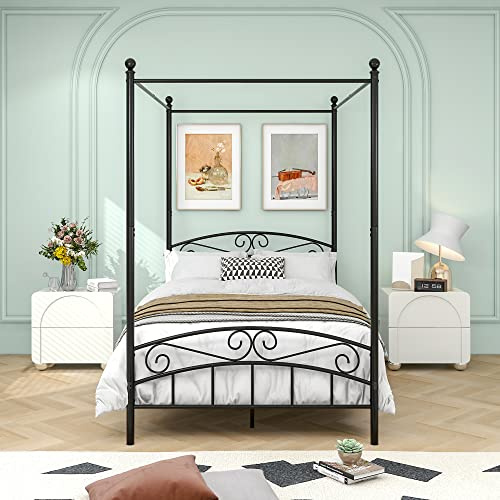 JURMERRY Struttura per letto a baldacchino con testiera e pediera, in acciaio resistente, si adatta perfettamente al tuo materasso, facile da assemblare fai da te, (texture nera)