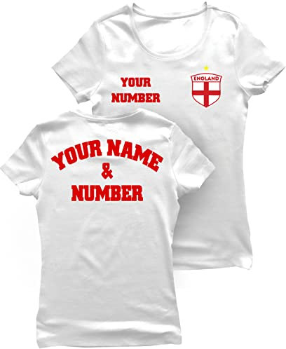lepni.me Dam t-shirt England Fotbollströja med Ditt Namn och Nummer - England Flaggmärke Personlig Retro Anpassad topp VM 2022 Fotbolls EM Fans (M Vit Flerfärgad)