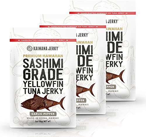 Kaimana Ahi Tuna Jerky Garlic Pepper - Soft and Tasty - Premium Fish Jerky Made in the USA. High in Omega 3's, All Natural and Wild Caught - 2 Ounce (Pack of 3)