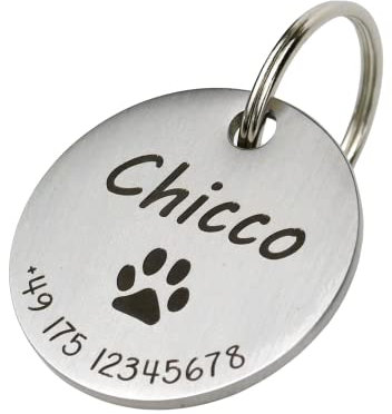 WIENS3D Hundemarke mit Gravur - Personalisiert mit Name - ⌀23mm - Namensschild für Halsband - Dog Tag - Anhänger Marke für Hunde - mit Symbolauswahl - Tiermarke für Hunde, Katzen & Welpen