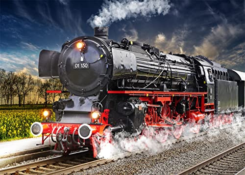 BELECO 2.5x1.8m Stoff-Fotohintergrund mit Vintage-Dampflokomotive alte Dampflok-Eisenbahnstrecke Frühlings-Naturlandschaft Hintergrund für Themenparty-Dekorationen Kinder Erwachsene Foto-Requisiten