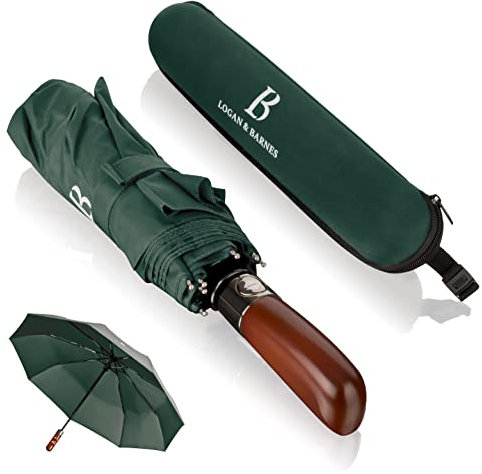 LOGAN & BARNES Regenschirm sturmfest bis 140 km/h - Taschenschirm mit echtem Holzgriff und zertifizierter Teflon-Beschichtung gegen Feuchtigkeitsschäden Modell Dublin