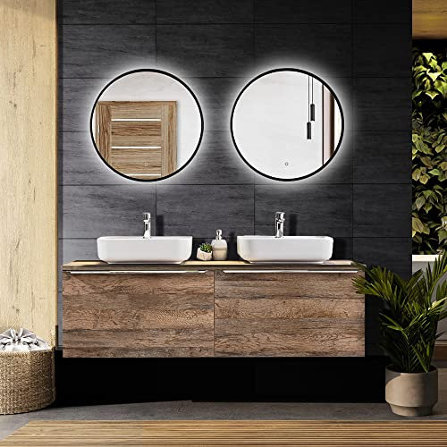 Lomadox Badmöbel Set in Vintage Oak Eiche, Doppel-Waschtisch, 160cm Unterschrank mit Regal, 2 Keramik Waschbecken, 2 LED-Spiegel mit Hintergrundbeleuchtung
