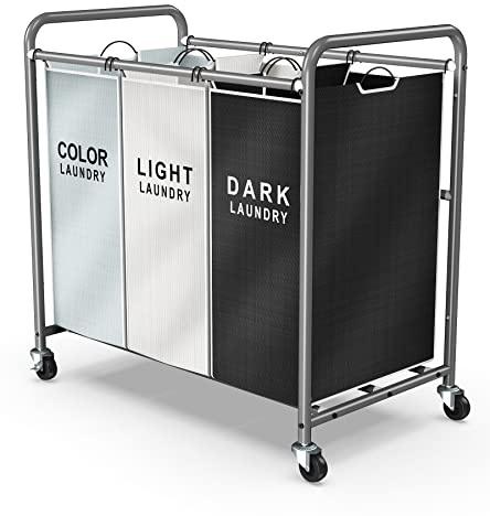 ROMOON Trieur à linge à 3 sections avec roulettes, panier à linge à roulettes avec grande capacité et sacs amovibles pour le rangement des vêtements, multicolore
