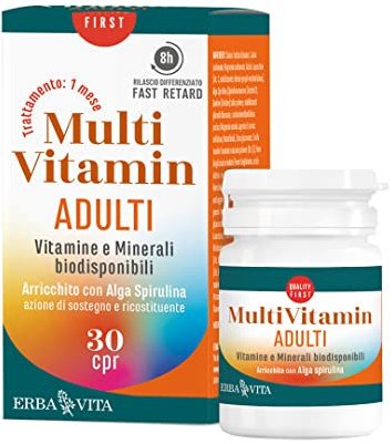 ERBA VITA Multivitamin Adulti 30 compresse integratore alimentare a base di vitamine e minerali e arricchito con alga spirulina con tecnologia Fast/Retard