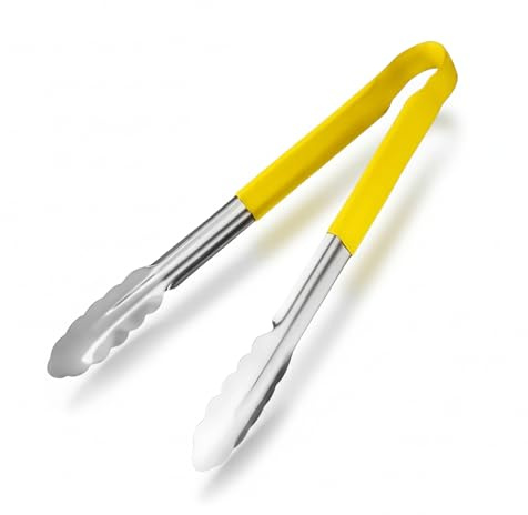 Chabrias Ltd Heavy-Duty Colour Coded Serving Tongs 30cm - Stainless Steel Kitchen Tongs with Non Slip Rubber Grip, HACCP Safe Yellow Tongs for Cooked Meat, Dishwasher Safe | Yellow