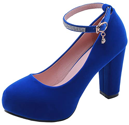 Décolleté con Tacco Largo da Donna, Pompe al Tallone Alto Punta Rotonda Fibbia Scarpe da Festa con Plateau con Cinturino alla Caviglia Eleganti Aaggbt Blu Numero 45 EU