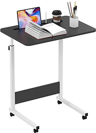 PIPIPOXER 60x40cm Table Roulante pour Lit Canapé avec Fente pour Pad & Porte-Gobelet, Bureau Mobile Réglable en Hauteur 69-90cm, Bureau 4 Roulante Verrouillable, Table d'Appoint pour Chambre, Noir
