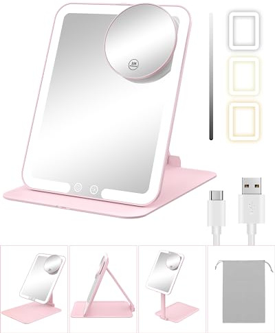 Gospire Travel Makeup Mirror with Lights and Magnification 10X, Portable Make Up Compact Tabletop Mirror with Adjustable Stand, 3 Colored Lights Rechargeable Lighted LED Vanity Mirror - Pink