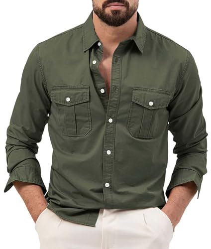 Freizeithemden für Herren, Revers Langarm Solid Color Hemden mit 2 Brusttaschen Herbstshirt Leisure Men's Cargo-Hemden Knopfleiste Langarmshirts mit Knöpfen