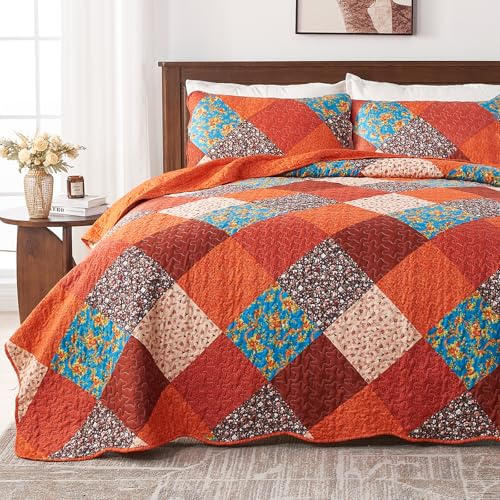 Qucover Patchwork King Quilt Bedding Set, 3 Piece Burnt Orange Bedspread Coverlet Set with Pillowcase, Soft Microfiber Autumn Fall Quilts King Size, 106x96