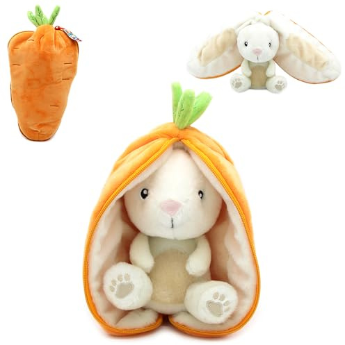 FLIPETZ Les DÉGLINGOS Doudou Gadget Le Lapin/Carotte - Lapin Cache-Cache réversible - Peluche Toute Douce pour bébé - Idées Cadeaux de Naissance, Orange et Blanc, 14 cm