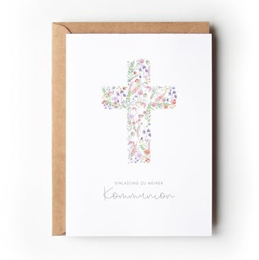 10 Einladungskarten Kommunion Blumen Kreuz mit Umschlägen, Boho Einladungen Erstkommunion floral zum Ausfüllen, Einladung Pastell Heilige Kommunion Mädchen (Einladung Kommunion Kreuz floral)