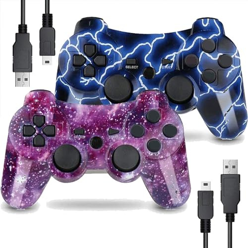 AUFGLO Retro Gaming Controller für P-S3, Wireless Move/Motion Controller Gamepad mit verbessertem Joystick Kompatibel mit P-S3 (Blauer Blitz und roter Sternenhimmel)