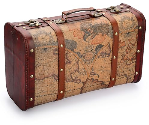 TOLIDA Vintage Schatztruhe Kasten Holz Gepäckkoffer mit Griff 38x23x14cm | Schatzkiste Antiker Koffer Deko Aufbewahrungskoffer mit Schnappverschlüssen für Geburtstag Reise Geburtstag Hauserwärmung
