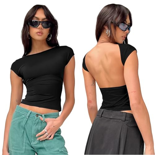 flintronic Top Dos Nu Femme, Y2K Backless Top T Shirts, T-Shirt Col Rond à Manches Courtes, Tops Courtes Femme Style Réversible